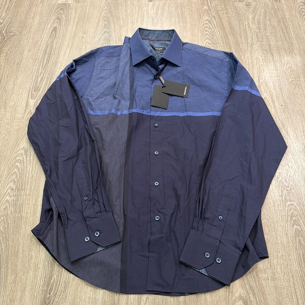 NEW Mens Bugatchi Button Up Shirt L Blue Grey Flip Cuff Spread Collar